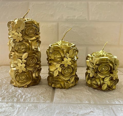 3Lü Çiçek Desenli Dekoratif Mum Gold