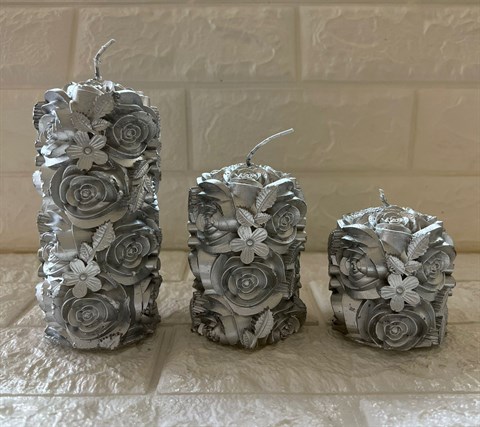 3Lü Çiçek Desenli Dekoratif Mum Gümüş