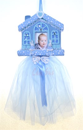 Ev Şeklinde Resim Çerçeveli Bebek Kapı Süsü Mavi